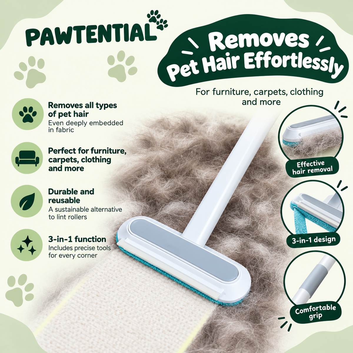 Pawtential™ FurSweep - 3-in-1 Pet Hair Remover
